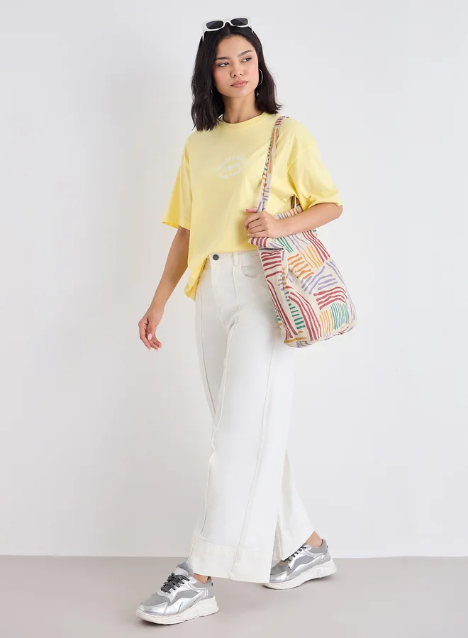 ستايلي Styli Slogan Print Short Sleeve Oversized T-Shirt