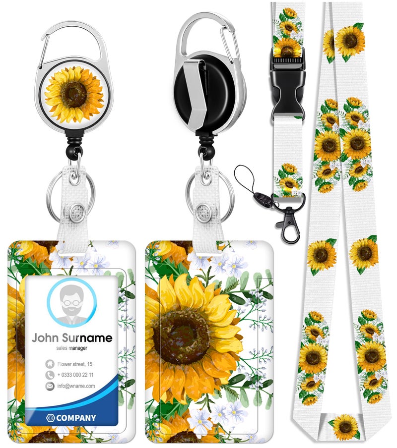 Toykee ID Badge Holder with Lanyard and Retractable Badge Reel Clip, Aesthetic Sunflower Card Name Tag Lanyard Vertical ID Protector Bage Clips for Nurse Nursing Doctor Teacher Student - Image 1