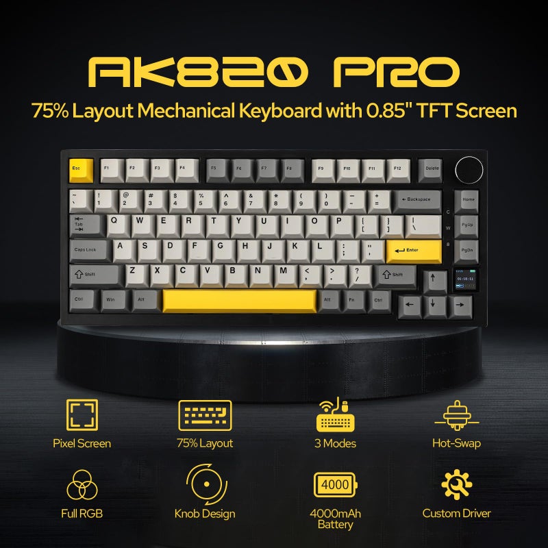 EPOMAKER Ajazz AK820 Pro لوحة مفاتيح ميكانيكية لاسلكية مع شاشة TFT ومقبض - Image 2