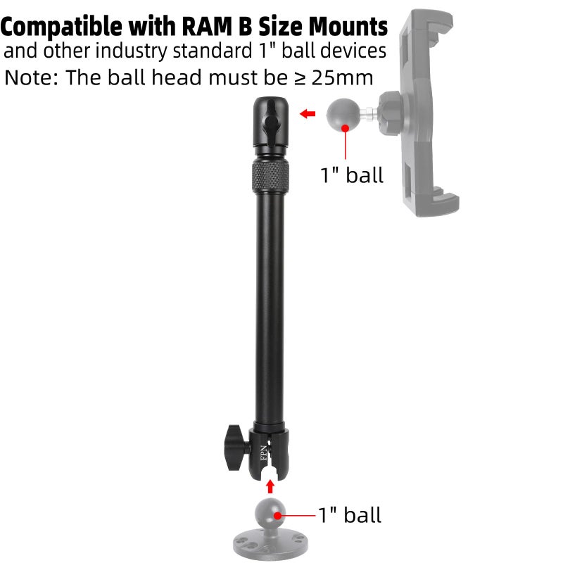 FPN All-Aluminum Extension Double Socket Arm, Adjustable Telescopic Mounting Arm 11.5 to 17 Inch, Compatible with RAM B Size Mounts and Other Industry Standard 1" / 25mm Ball Components - Image 3