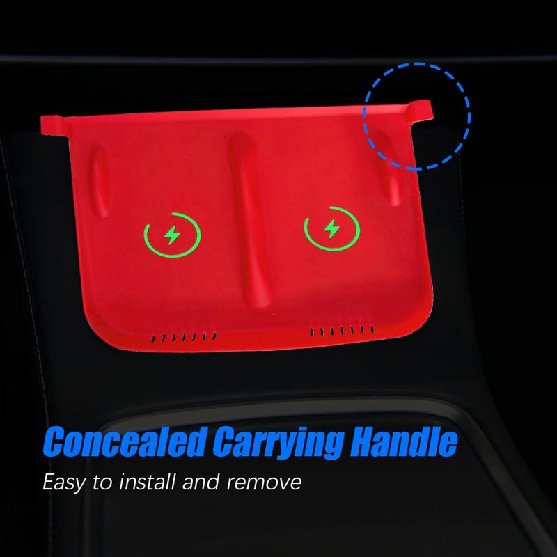Lecctso Center Console Wireless Charger Anti-Slip Silicone Mat, Waterproof Phone Pad for Wireless Charging, Car Interior Accessories Universal for Model 3 Model Y 2021-2024 (Luminous, Red) - Image 4