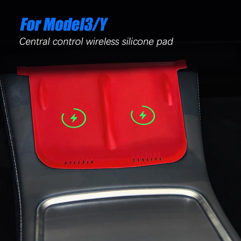 Lecctso Center Console Wireless Charger Anti-Slip Silicone Mat, Waterproof Phone Pad for Wireless Charging, Car Interior Accessories Universal for Model 3 Model Y 2021-2024 (Luminous, Red) - Image 3