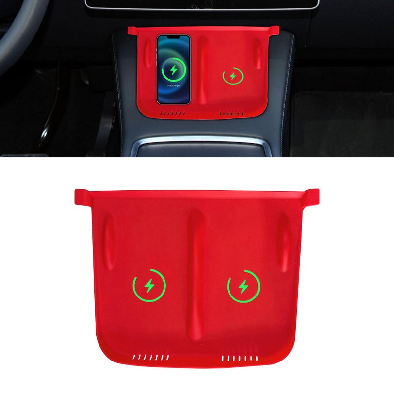 Lecctso Center Console Wireless Charger Anti-Slip Silicone Mat, Waterproof Phone Pad for Wireless Charging, Car Interior Accessories Universal for Model 3 Model Y 2021-2024 (Luminous, Red) - Image 1