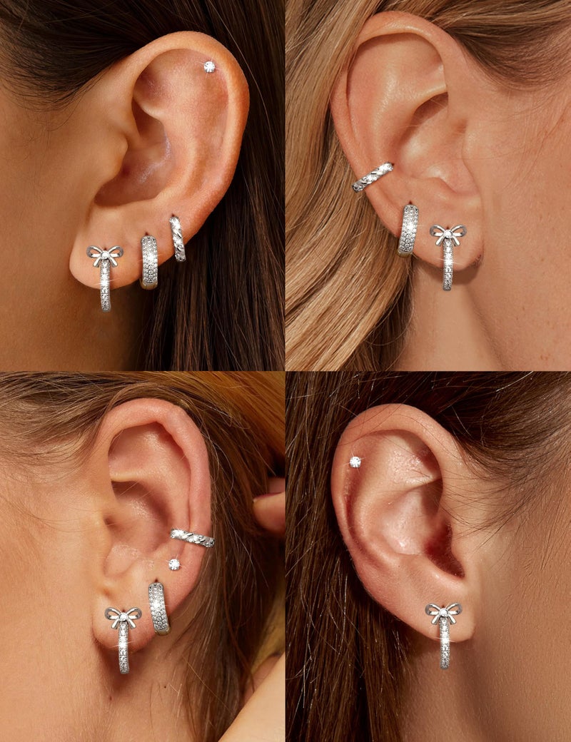 JeryWe Hypoallergenic Hoop Earrings for Women S925 Sterling Silver Post Chunky Cartilage Earring Stacks Non Tarnish 14K Gold Filled Small Hoops Stud Set Jewelry Lovely Silver Plated - Image 2