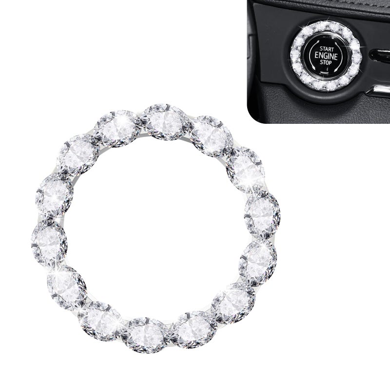 Bawkars Car Bling Push Start Button Cover, Crystal Rhinestone Engine Start Stop Ring Decals for Women, Shiny Key Ignition Switch Button Accessories, Universal for Most Cars (White) - Image 1
