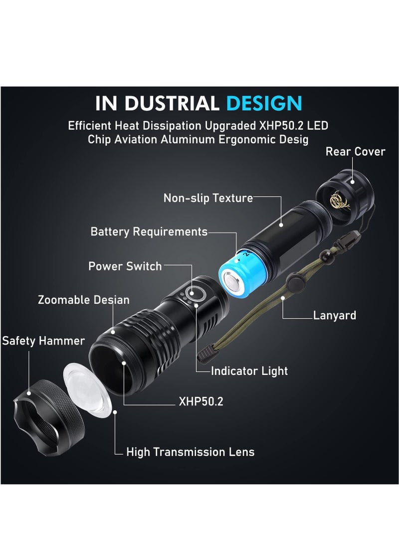 Rechargeable LED Flashlight, Super Bright Tactical Flashlight, 10000 High Lumen Flashlight, 5 Modes Zoomable Flashlight, Waterproof Flashlight, for Camping, Outdoor Activities and Emergencies - Image 2