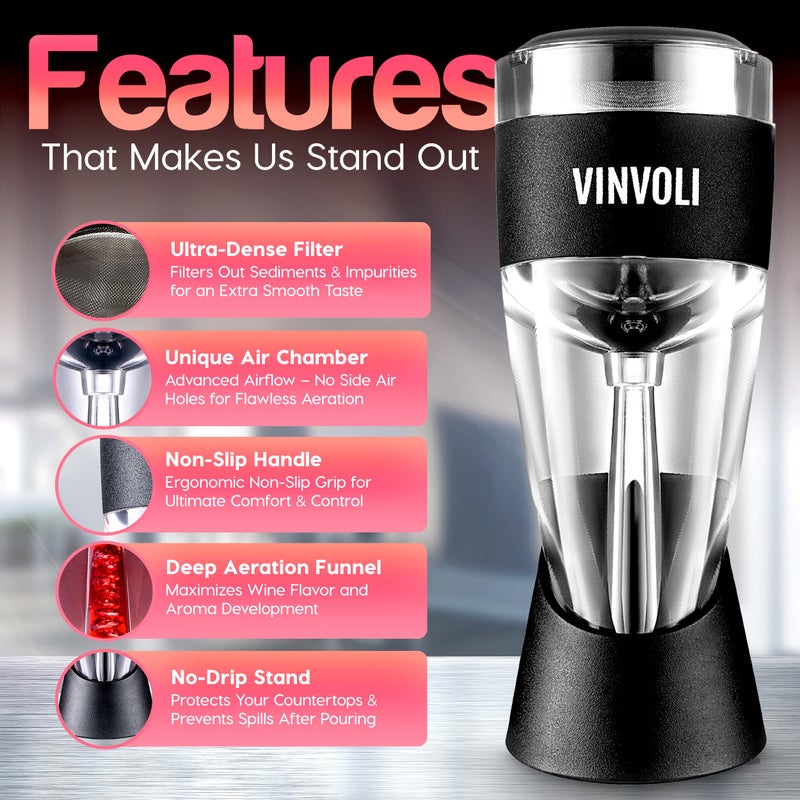 Vinvoli Wine Aerator - Deluxe 2025 Red Wine Aerator Decanter with Unique Three-Stage Aeration, Wine Sediment Filter, No-Drip Stand - Quality and Convenience for Wine Lovers and Sommeliers - Image 3