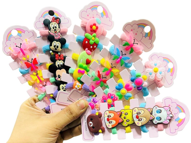 LuxeLocks Pack of 30 pcs Kids Hair rubber Set, Disney Cartoon Characters, Butterflies and Flowers Design, Multicolour Elastic Hair Ties for kids - Image 1