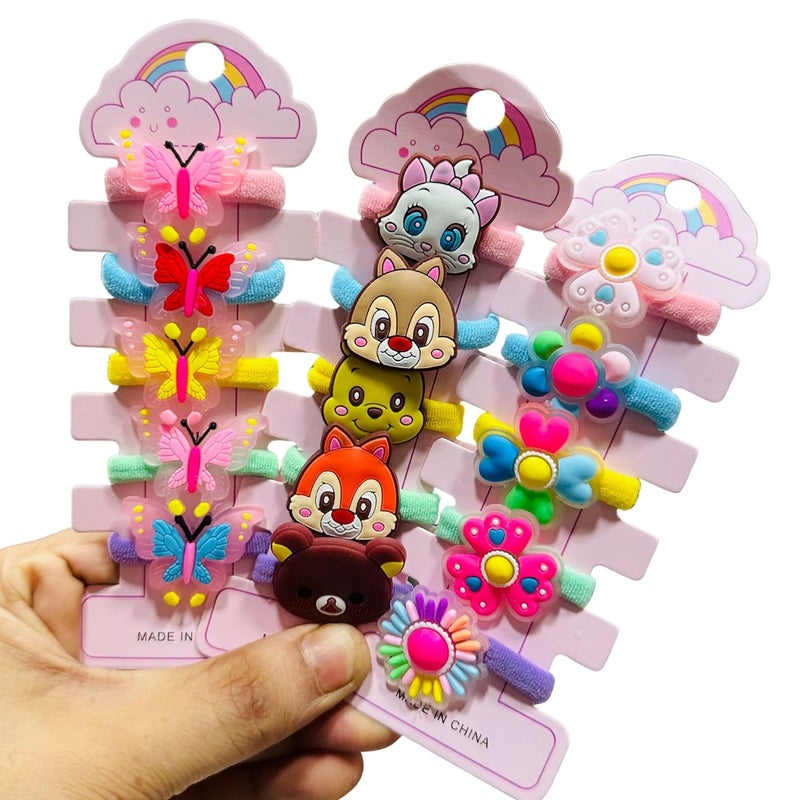 LuxeLocks Pack of 30 pcs Kids Hair rubber Set, Disney Cartoon Characters, Butterflies and Flowers Design, Multicolour Elastic Hair Ties for kids - Image 4