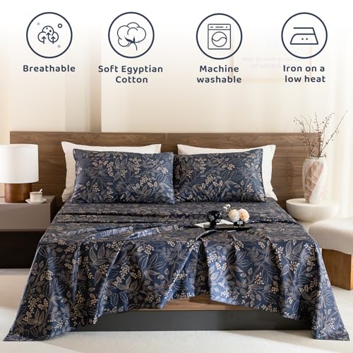 QSH Floral Egyptian Cotton Sheets King Size - Navy Floral Bedding Sheets Botanical Pattern Printed Bedding King Size Bed Sheets 17.5" Extra Deep Pocket 4pcs - Image 3