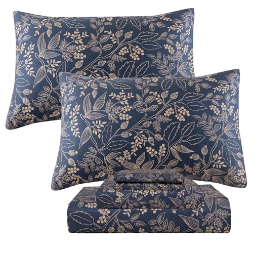 QSH Floral Egyptian Cotton Sheets King Size - Navy Floral Bedding Sheets Botanical Pattern Printed Bedding King Size Bed Sheets 17.5" Extra Deep Pocket 4pcs - Image 1