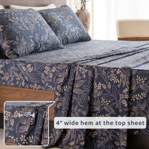 QSH Floral Egyptian Cotton Sheets King Size - Navy Floral Bedding Sheets Botanical Pattern Printed Bedding King Size Bed Sheets 17.5" Extra Deep Pocket 4pcs - Image 5