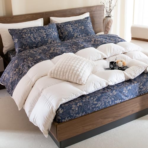 QSH Floral Egyptian Cotton Sheets King Size - Navy Floral Bedding Sheets Botanical Pattern Printed Bedding King Size Bed Sheets 17.5" Extra Deep Pocket 4pcs - Image 2
