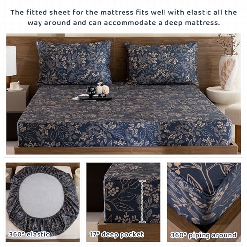 QSH Floral Egyptian Cotton Sheets King Size - Navy Floral Bedding Sheets Botanical Pattern Printed Bedding King Size Bed Sheets 17.5" Extra Deep Pocket 4pcs - Image 4