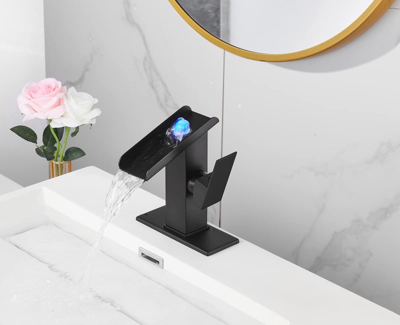 Chiczam Bathroom Sink Led Faucet Waterfall Spout Black RGB 3 Colors Changing Temperature Lavatory Vanity Sink Faucet One Hole Handle Modern Washbasin Tap with Lights Deck Mount Commercial - Image 3