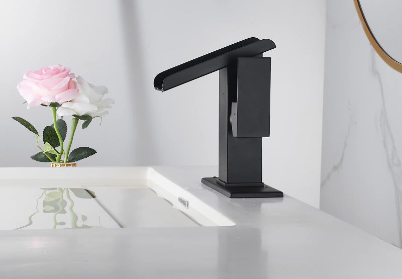 Chiczam Bathroom Sink Led Faucet Waterfall Spout Black RGB 3 Colors Changing Temperature Lavatory Vanity Sink Faucet One Hole Handle Modern Washbasin Tap with Lights Deck Mount Commercial - Image 4
