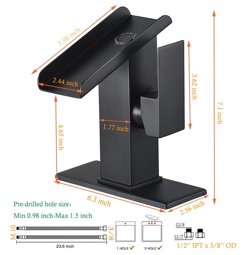 Chiczam Bathroom Sink Led Faucet Waterfall Spout Black RGB 3 Colors Changing Temperature Lavatory Vanity Sink Faucet One Hole Handle Modern Washbasin Tap with Lights Deck Mount Commercial - Image 2