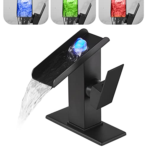 Chiczam Bathroom Sink Led Faucet Waterfall Spout Black RGB 3 Colors Changing Temperature Lavatory Vanity Sink Faucet One Hole Handle Modern Washbasin Tap with Lights Deck Mount Commercial - Image 1