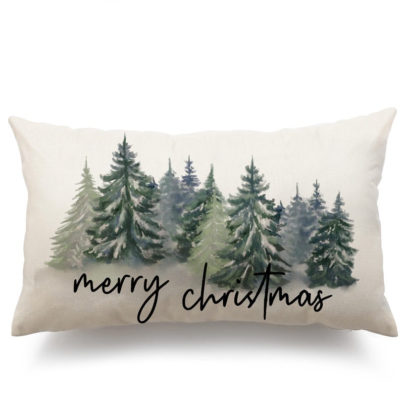 DFXSZ Christmas Pillow Cover 12x20 Watercolor Blue Green Christmas Tree Rustic Nature Print Dark Green 195 x 115 1 Count