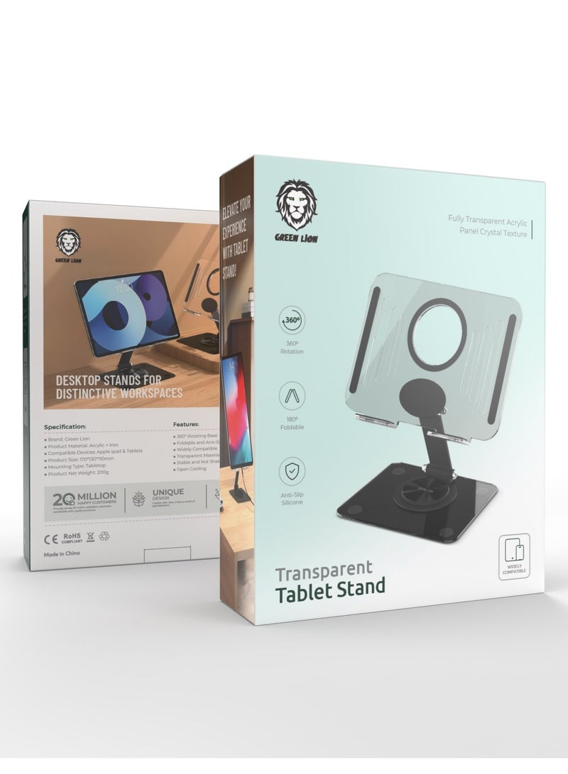 GREEN LION Transparent Tablet Stand for Apple iPad & Tablets / 360° Rotating Base / Open Cooling / Foldable and Anti-Slip Silicone / Anti-Slip Silicone - Black - Image 2