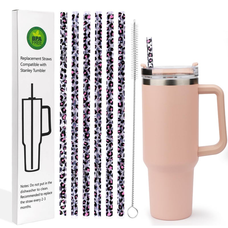 AIERSA 6 Pack Leopard Straw Replacement 40oz for StanleyPlastic Reusable Straw for Stanley Adventure Quencher Travel TumblerLong Straws with Cleaning Brush for Stanley Cup Accessories