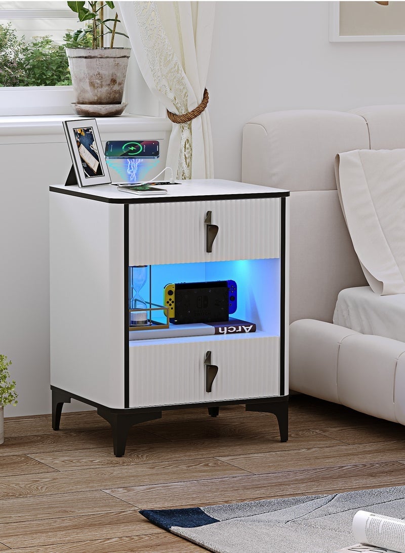 طاولة سرير ذكية، طاولة جانبية حديثة، طاولة جانبية للأريكة، مع منفذ USB للشحن اللاسلكي وإضاءة LED قابلة للتعديل، مناسبة لغرفة النوم وغرفة المعيشة (أبيض) - Image 2