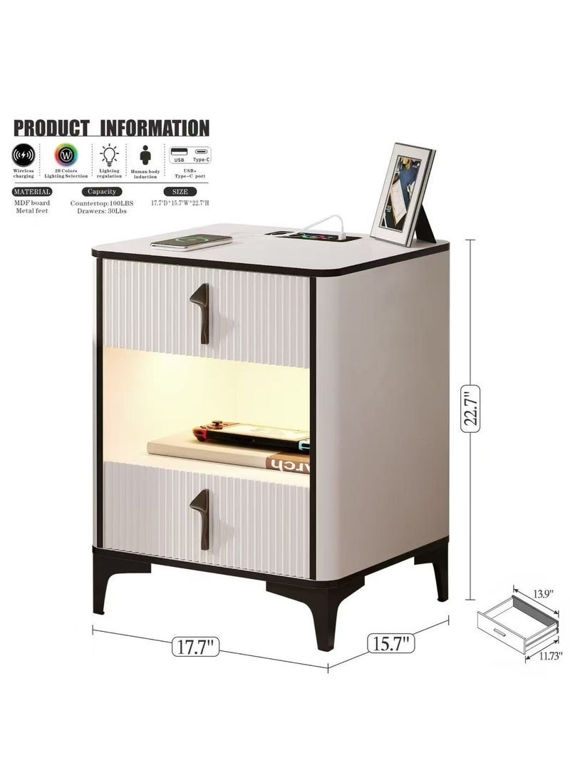 طاولة سرير ذكية، طاولة جانبية حديثة، طاولة جانبية للأريكة، مع منفذ USB للشحن اللاسلكي وإضاءة LED قابلة للتعديل، مناسبة لغرفة النوم وغرفة المعيشة (أبيض) - Image 3