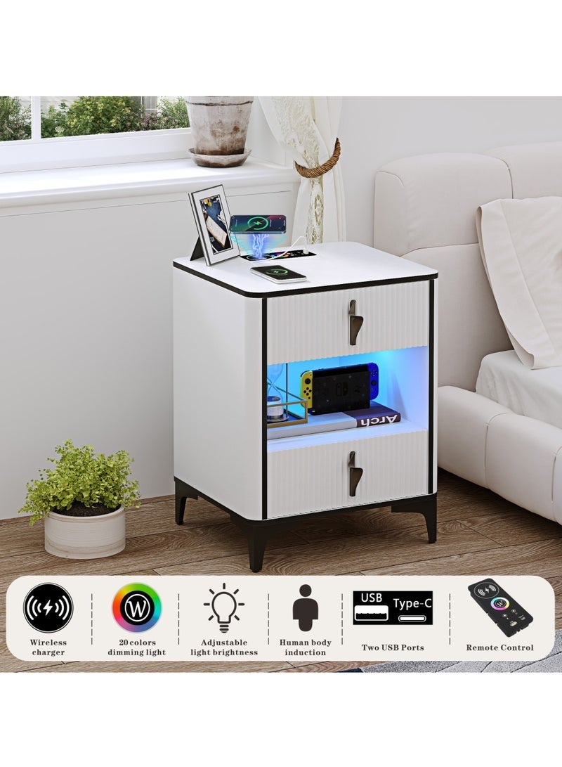 طاولة سرير ذكية، طاولة جانبية حديثة، طاولة جانبية للأريكة، مع منفذ USB للشحن اللاسلكي وإضاءة LED قابلة للتعديل، مناسبة لغرفة النوم وغرفة المعيشة (أبيض) - Image 5