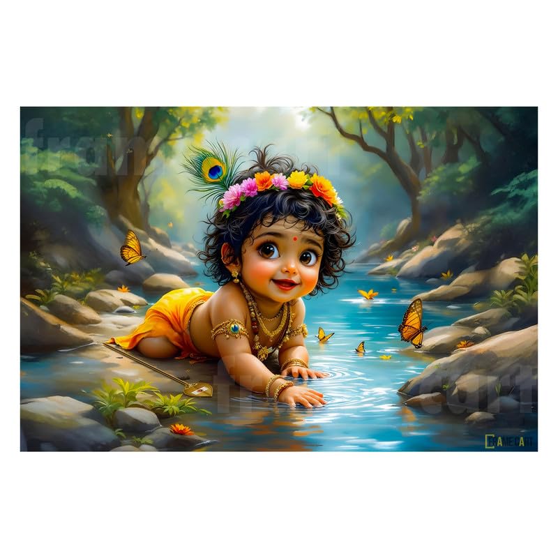 Frame Cart Baby Krishna Poster - Bal Gopal Photo | Kanha Ji Religious photo for Pregnant Women Bedroom Wall | Unframed Vinyl Poster 12x18 (Design 17) - Image 1