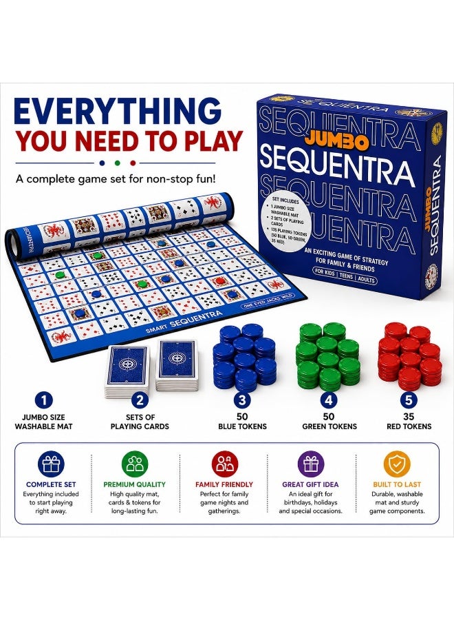 Jumbo Sequence Board Game for Family & Kids | Strategy Card Game with Large Mat, 104 Cards & 50+ Coins | Fun Party Game for Adults & Children | Premium Sequentra Game Set