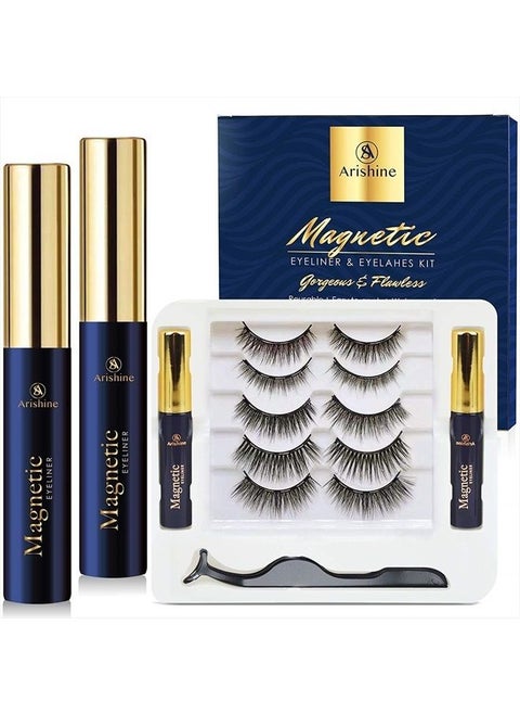 5 Pairs Reusable Magnetic Eyelashes and 2 Tubes of Magnetic Eyeliner Kit, Upgraded 3D Magnetic Eyelashes Kit With Tweezers Inside, Magnetic Eyeliner and Magnetic Eyelash Kit - No Glue Needed