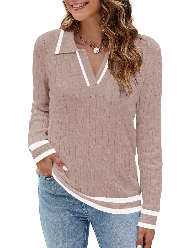 Micoson Winter Long Sleeve Sweater for Women 2025 Preppy Polo V Neck Fall Tops Business Casual Pullover(Camel White Stripe,XL) - Image 2