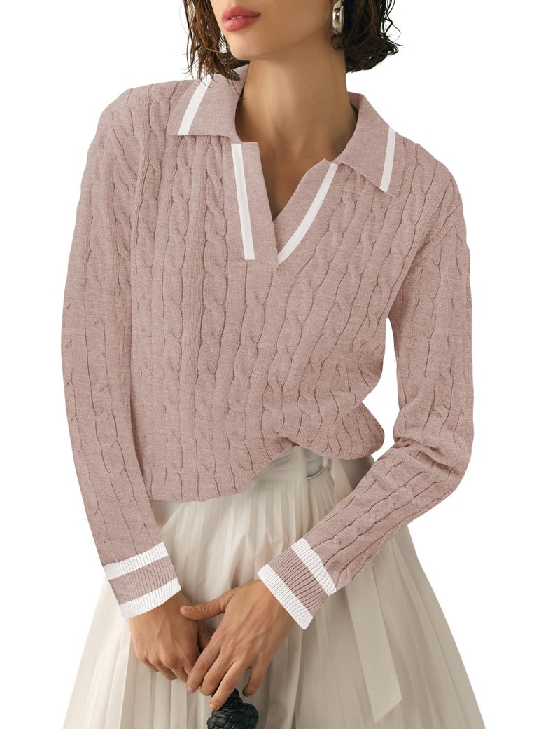 Micoson Winter Long Sleeve Sweater for Women 2025 Preppy Polo V Neck Fall Tops Business Casual Pullover(Camel White Stripe,XL) - Image 1