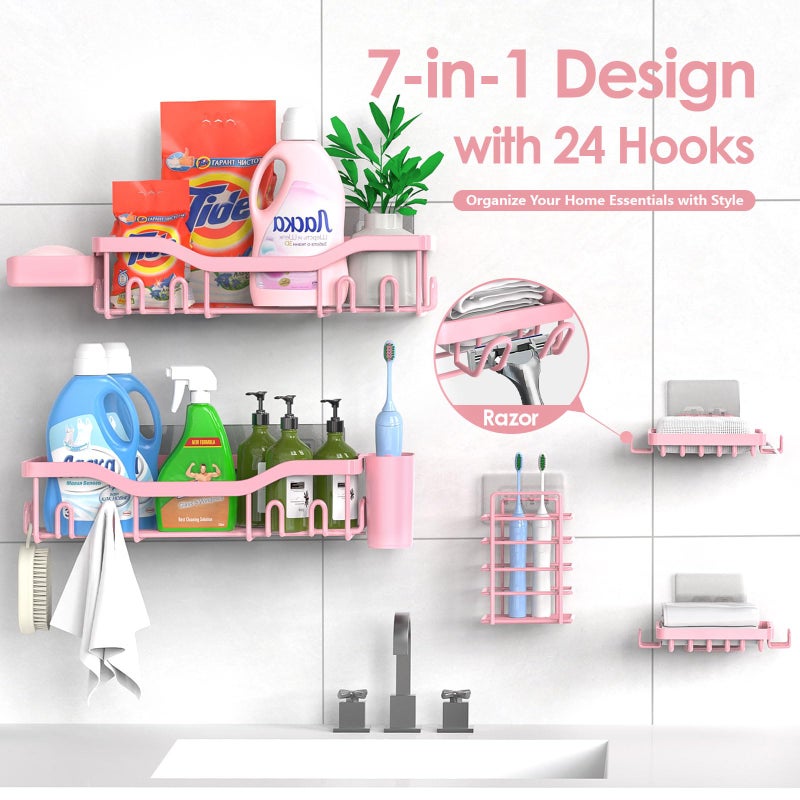 NESOMI Shower Caddy Adhesive Shower Organizer 7-Pack, Rustproof Stainless Steel Bathroom Shelves, Large Capacity No-Drill Rack Storage Accessories with Soap Dish Toothbrush Holder Hooks - Image 4