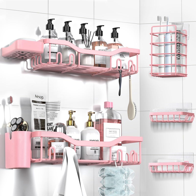 NESOMI Shower Caddy Adhesive Shower Organizer 7-Pack, Rustproof Stainless Steel Bathroom Shelves, Large Capacity No-Drill Rack Storage Accessories with Soap Dish Toothbrush Holder Hooks - Image 1