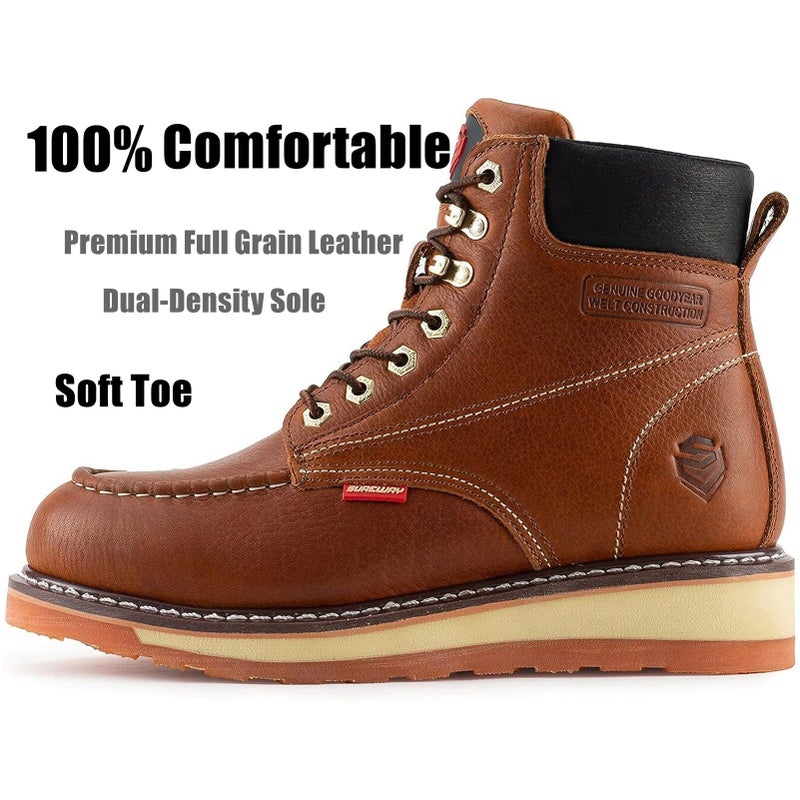 SUREWAY Mens Heavy Duty Soft/Composite/Steel Toe Work Boots for Men-Comfortable,GoodyearWelt,Full Grain Leather,6 in Wedge Moc Toe Construction Boots/Shoes,Soft Toe Light Brown,Size 10.5 - Image 2