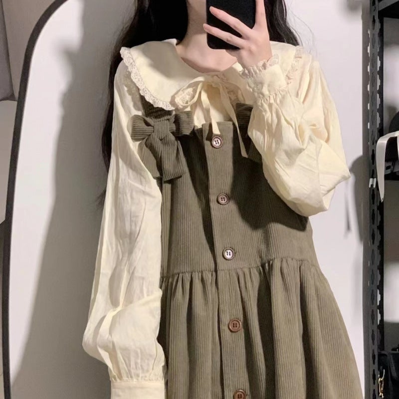Sweet And Gentle Style Suspender Dress For Female Students Korean Style Loose Mid-Length Versatile Two-Piece Set - Image 3