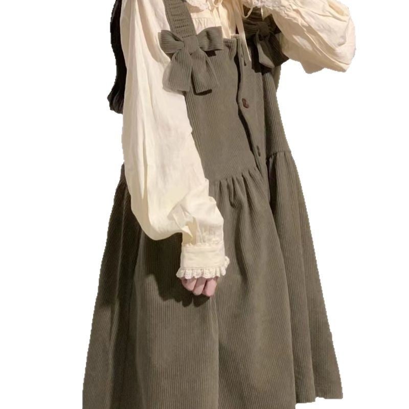Sweet And Gentle Style Suspender Dress For Female Students Korean Style Loose Mid-Length Versatile Two-Piece Set - Image 5