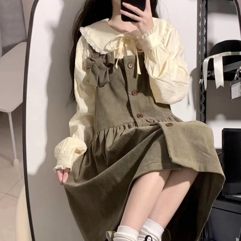 Sweet And Gentle Style Suspender Dress For Female Students Korean Style Loose Mid-Length Versatile Two-Piece Set - Image 1