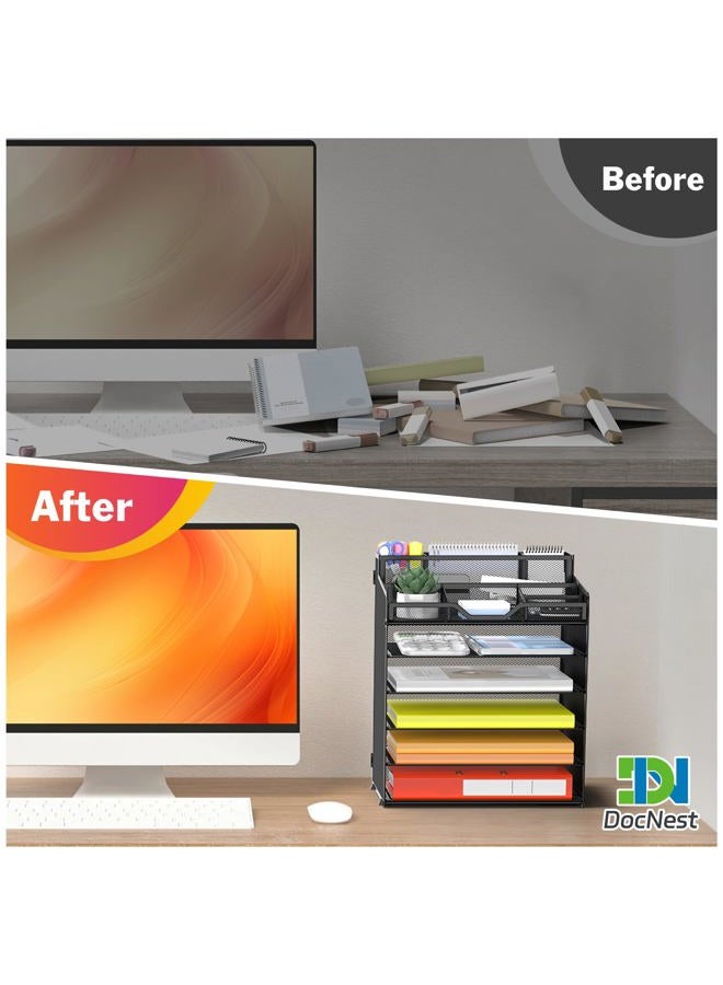 DocNest Multi-Functional Desk Organizer Tray, 6 Tier Paper Letter Tray Organizer with 3 Pen Holder, Mesh Desktop Organizer and Storage with 5 Adjustable Compartments for Office Supplies-Black - Image 2