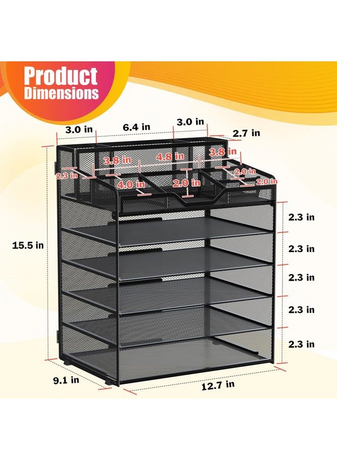 DocNest Multi-Functional Desk Organizer Tray, 6 Tier Paper Letter Tray Organizer with 3 Pen Holder, Mesh Desktop Organizer and Storage with 5 Adjustable Compartments for Office Supplies-Black - Image 3