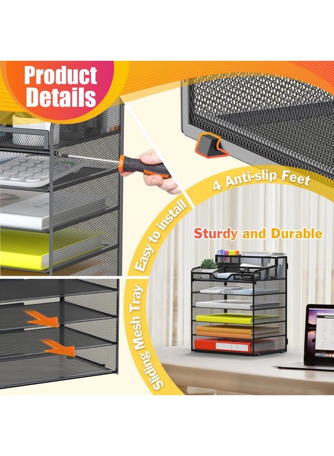 DocNest Multi-Functional Desk Organizer Tray, 6 Tier Paper Letter Tray Organizer with 3 Pen Holder, Mesh Desktop Organizer and Storage with 5 Adjustable Compartments for Office Supplies-Black - Image 5