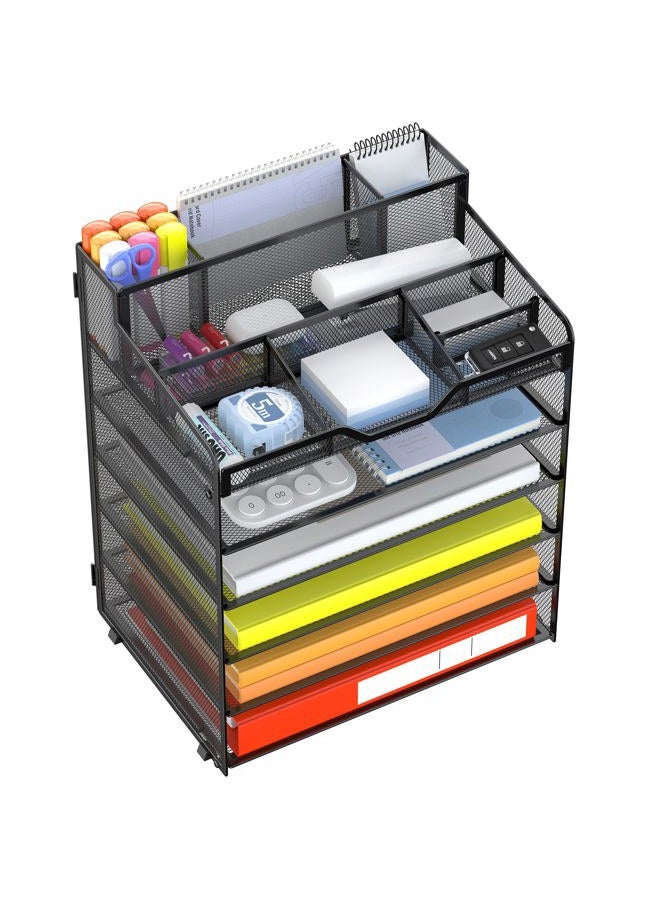 DocNest Multi-Functional Desk Organizer Tray, 6 Tier Paper Letter Tray Organizer with 3 Pen Holder, Mesh Desktop Organizer and Storage with 5 Adjustable Compartments for Office Supplies-Black - Image 1