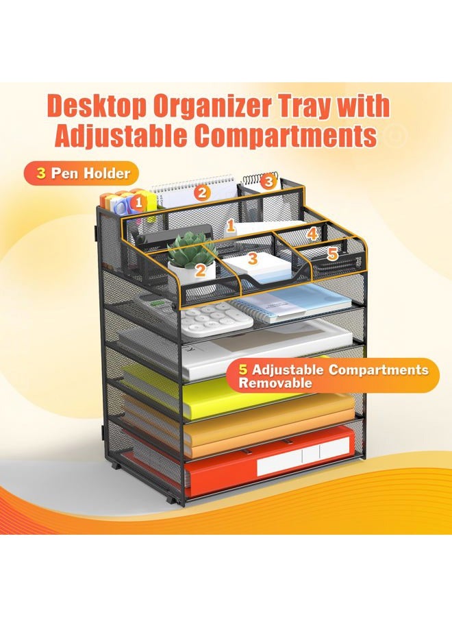 DocNest Multi-Functional Desk Organizer Tray, 6 Tier Paper Letter Tray Organizer with 3 Pen Holder, Mesh Desktop Organizer and Storage with 5 Adjustable Compartments for Office Supplies-Black - Image 4