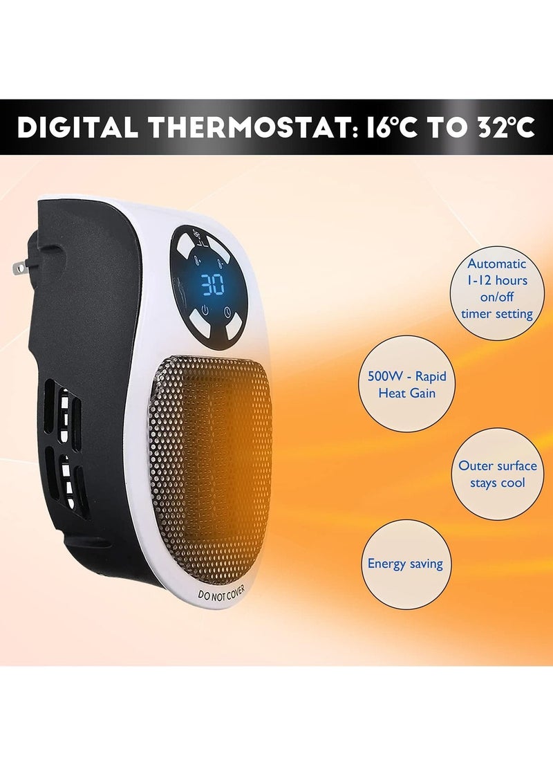 Smart Space Electric Fan Heater, 500W Space Heater with Adjustable Thermostat and Timer and Led Display, Fast Heating, Low Noise, Safe Use, Electric Space Heater for Office and Home