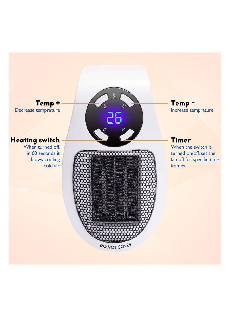 Smart Space Electric Fan Heater, 500W Space Heater with Adjustable Thermostat and Timer and Led Display, Fast Heating, Low Noise, Safe Use, Electric Space Heater for Office and Home