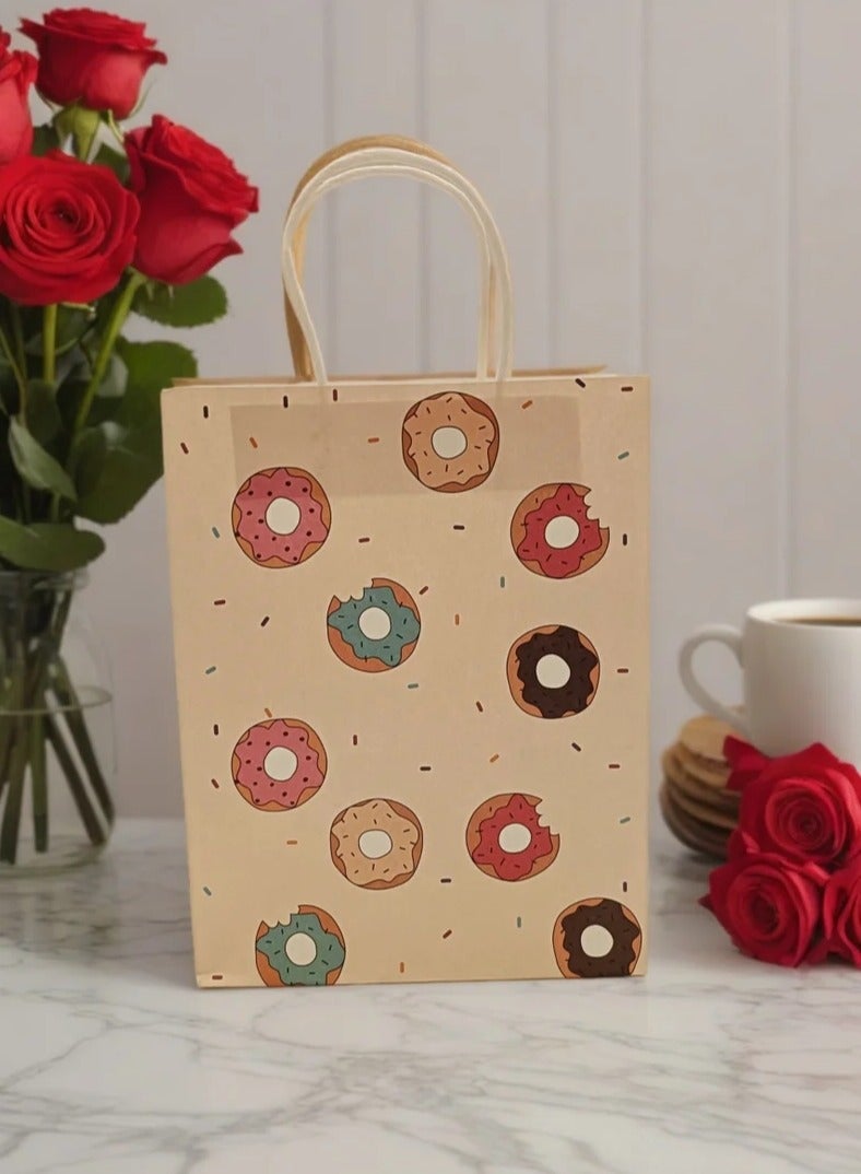 كيس ورقي بيج برسومات دونات، كيس هدايا متوسط الحجم و متعدد الاستخدامات، مناسب للاستخدام في الدراسة و العمل و التسوق 27x21 سم. - Image 5
