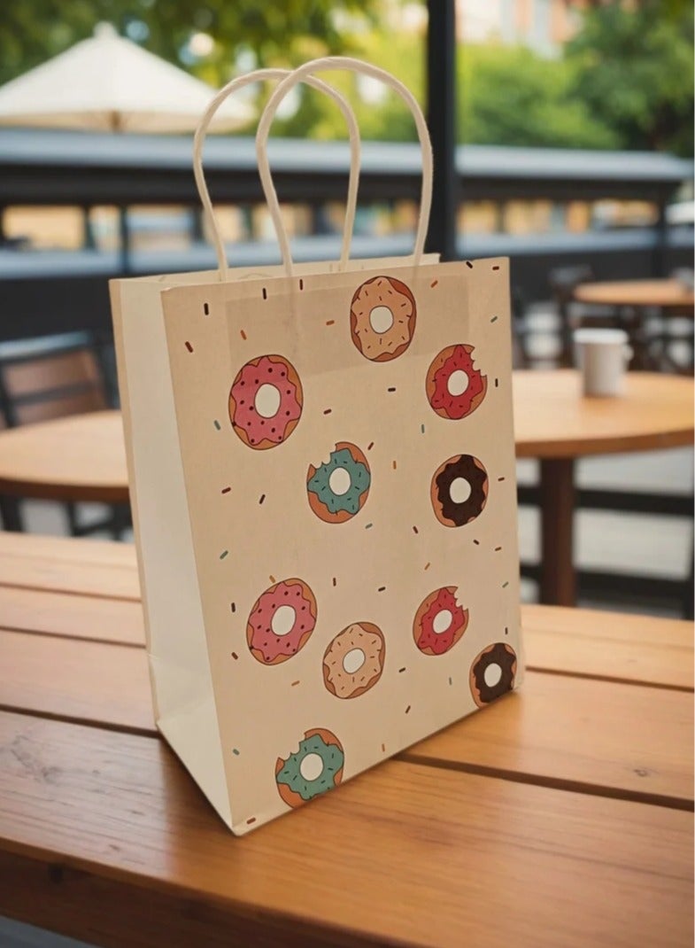 كيس ورقي بيج برسومات دونات، كيس هدايا متوسط الحجم و متعدد الاستخدامات، مناسب للاستخدام في الدراسة و العمل و التسوق 27x21 سم. - Image 4