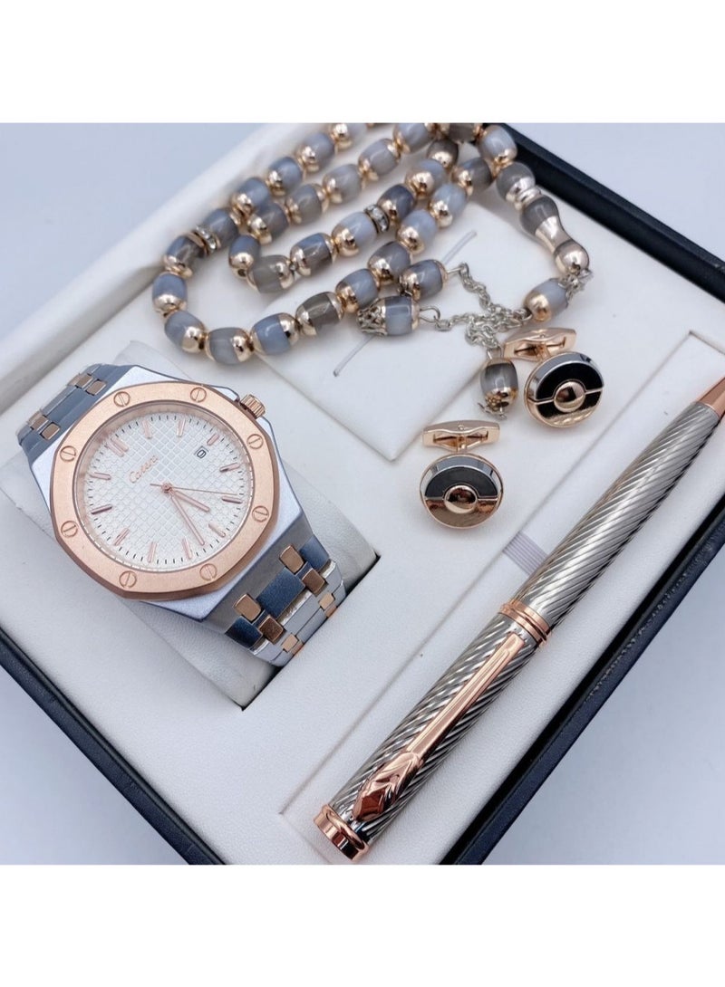 Catera A high-quality, elegant men's watch gift set from Catery, a silver bracelet with a Bronze bracelet and a white dial with the date display 