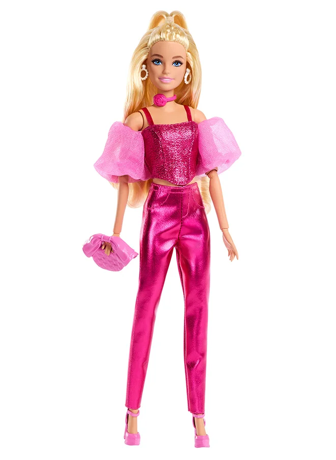 Barbie Deluxe Style Doll #5 in Metallic Pink Outfit, Blonde Hair, Sparkly Corset Top and Shiny Pants with Accessories like Rose Necklace and Handbag